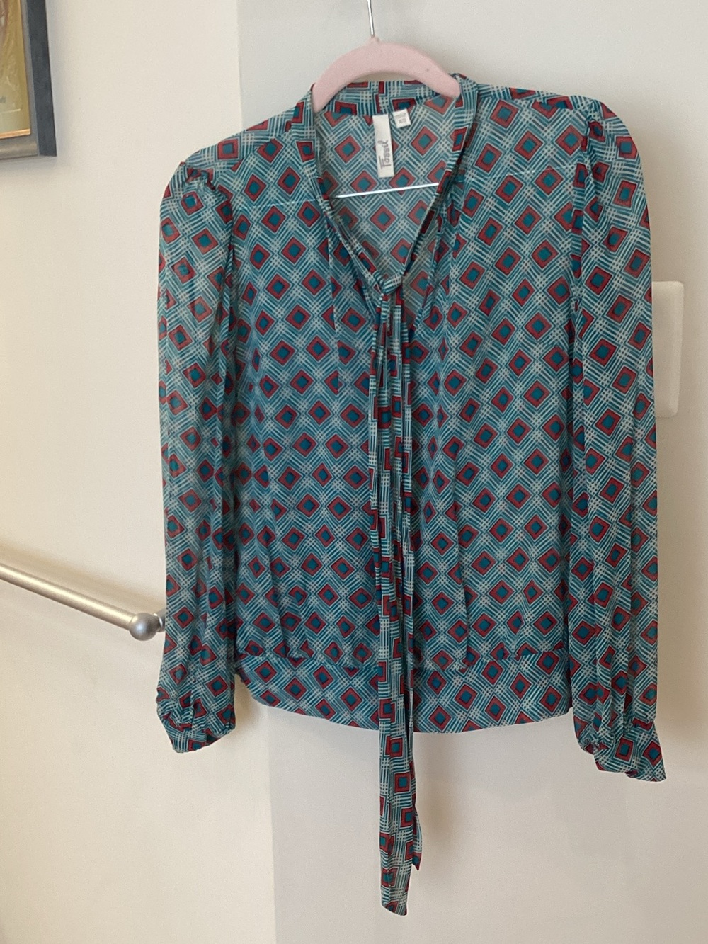 Fossil Teal Geometric Sheer Blouse with Red Accents